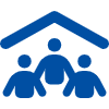 Icon of three people under a roof, symbolizing a community or shelter.