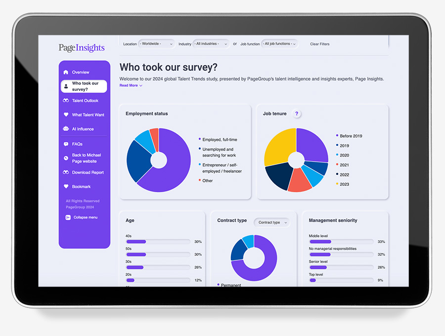 Tablet displaying survey data on employment status and job tenure with pie charts.