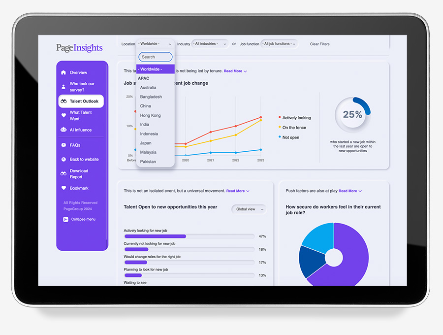 Tablet screen displaying business analytics for job market trends and talent outlook.