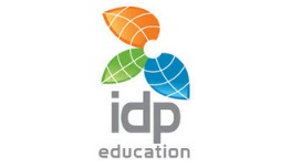 Logo of IDP Education with colorful leaf design above the text.