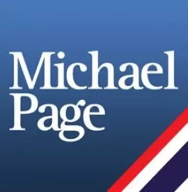 Logo of Michael Page with a blue background and a red, white, and blue striped corner.