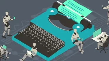 Illustration of robots working on giant typewriter with screens, tablets, and notebooks.