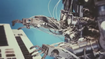 Robotic arms playing a keyboard.