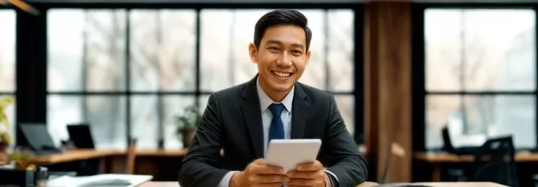 A man in a suit smiles, likely preparing to discuss a pay rise with his employer.