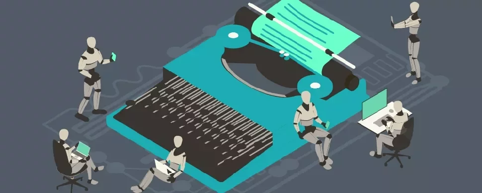 Illustration of robots working on giant typewriter with screens, tablets, and notebooks.