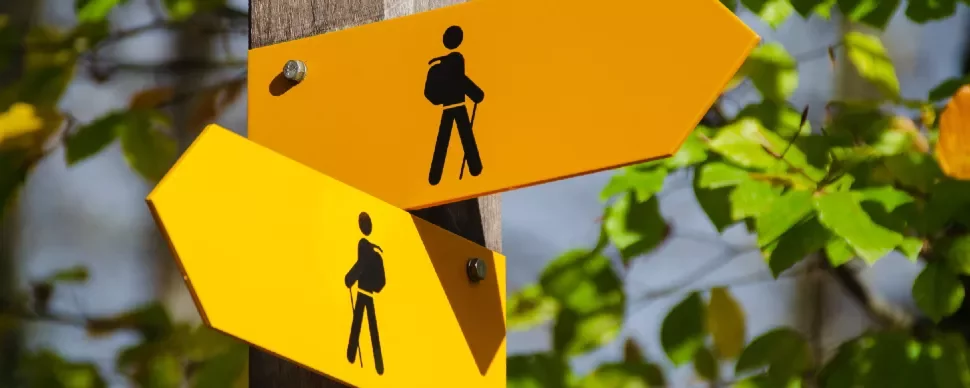 Yellow hiking trail signs with silhouettes of hikers in a forest.