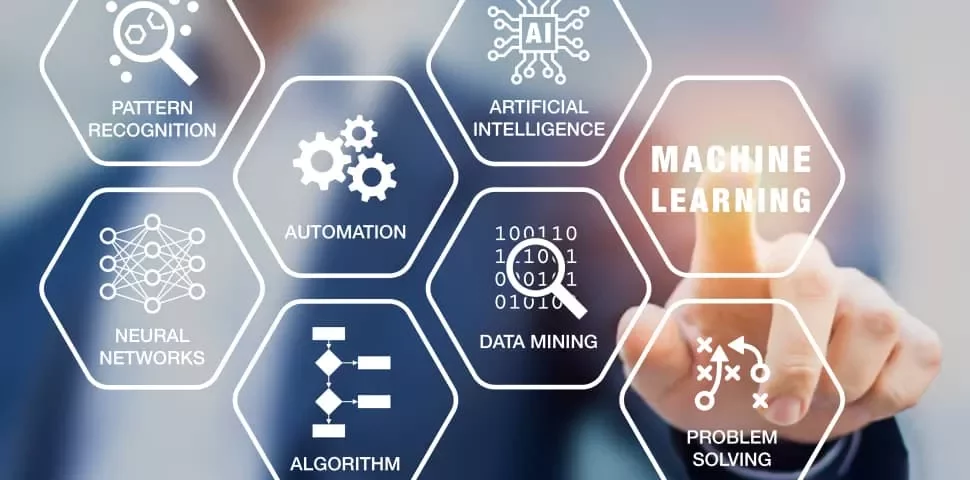 A touchscreen interface showing concepts like AI, machine learning, and neural networks.
