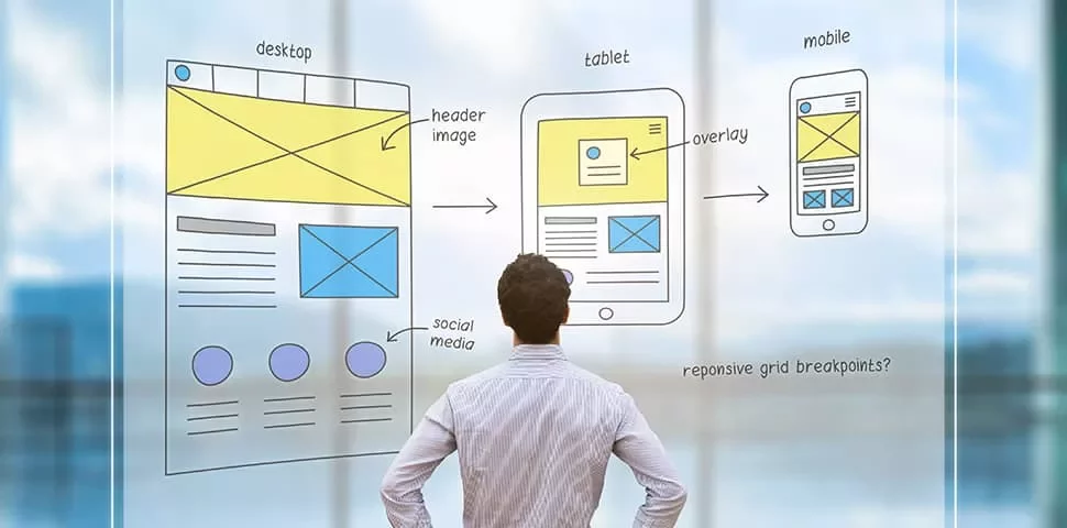 Man looking at diagrams of a website design for desktop, tablet, and mobile.