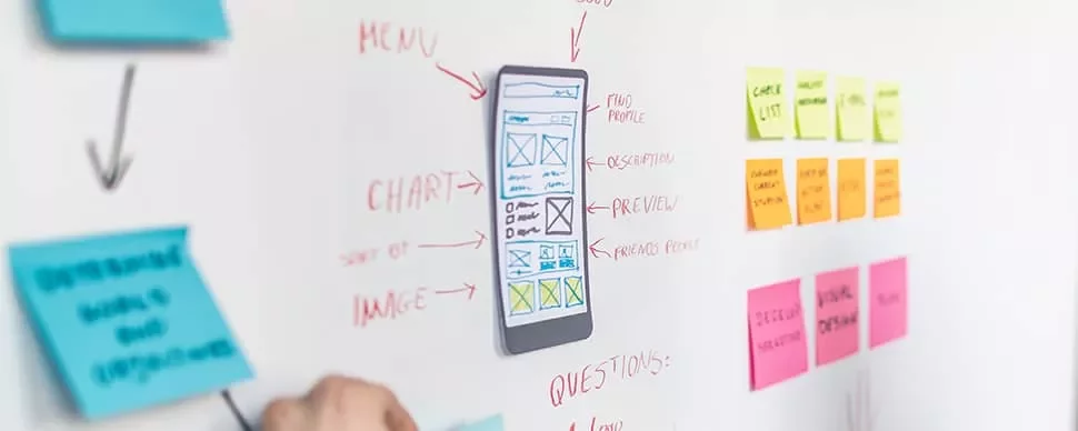 Whiteboard with mobile app wireframe and colorful sticky notes.
