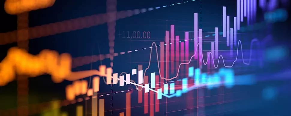 Colorful financial chart with rising and falling lines on a dark background.