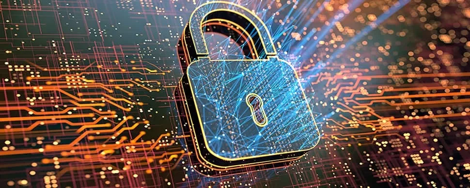 A digital padlock symbolizing cybersecurity on a circuit board background.