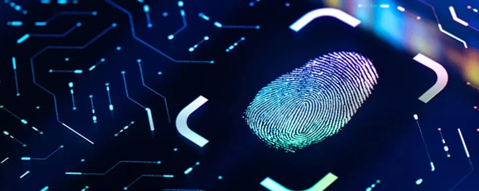Colorful digital fingerprint on a circuit board background.