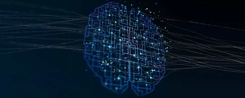 Digital brain illustration with blue circuitry and glowing nodes on a dark background.