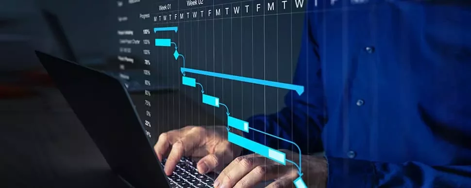 Person typing on a laptop with a Gantt chart overlay.