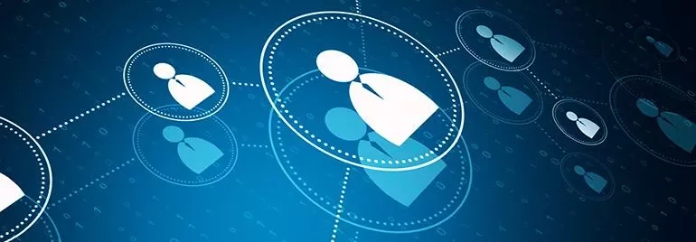Digital network with connected user icons on a blue background.
