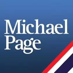 Logo of Michael Page with a blue background and a red, white, and blue striped corner.